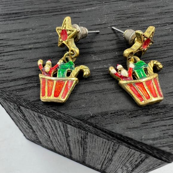 Vintage Set Christmas Santa Claus Star Gold Tone Earrings Dangle Pierced - Picture 2 of 4